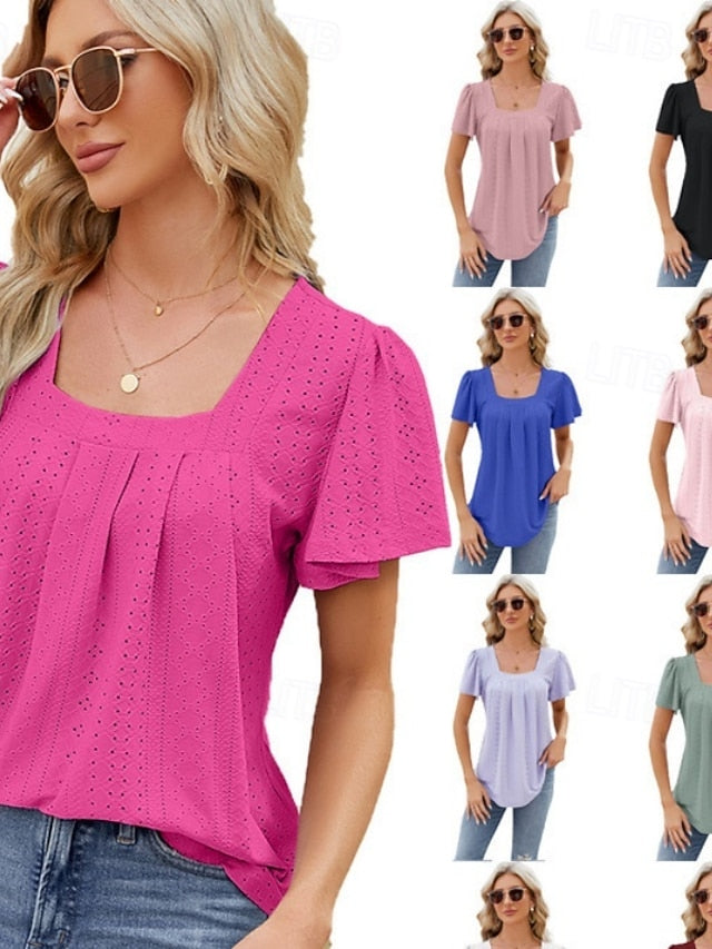 Women's Blouse Eyelet Solid Color Stylish Casual Short