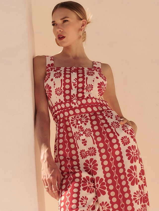 Satin Geometric Floral Print Cami Jumpsuit Vacation