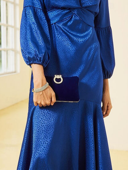 Elegant Bag Velvet with Clutch Rhinestone Ring Women's Blue