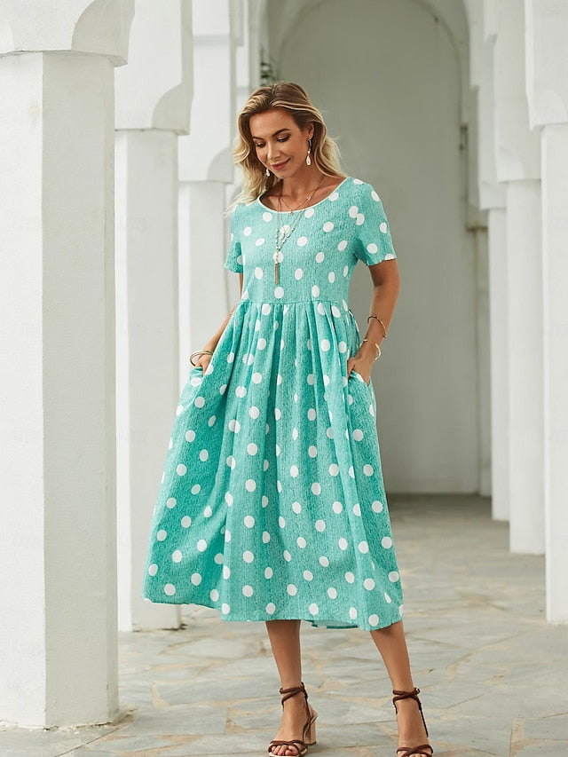 Women's Midi Dress Floral Polka Dot Pocket Print Crew Neck