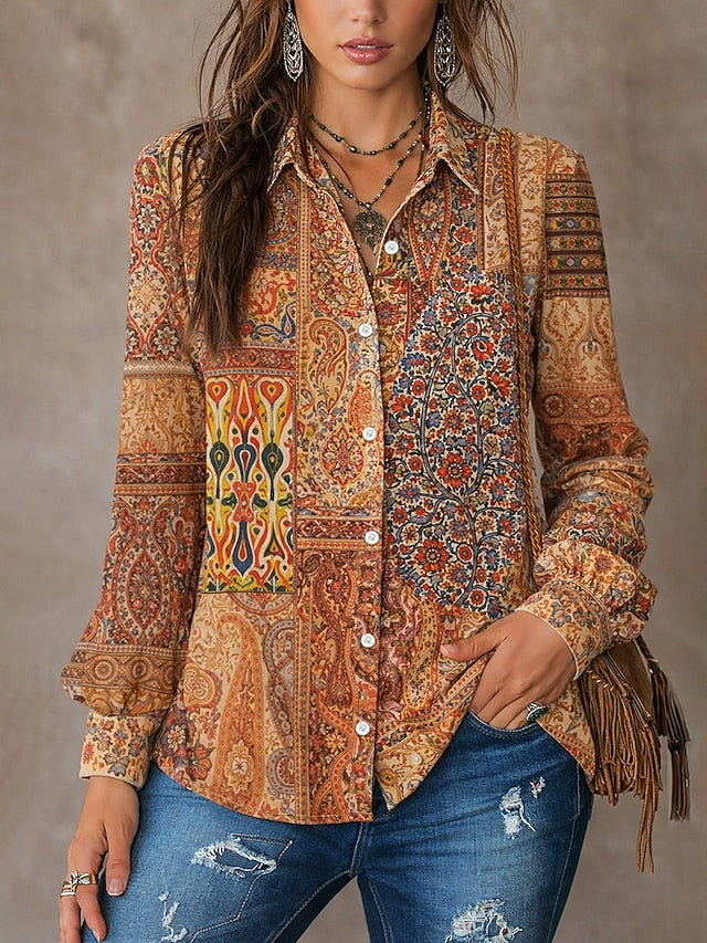 Women's Shirt Buttons Print Graphic Paisley Vintage Stylish
