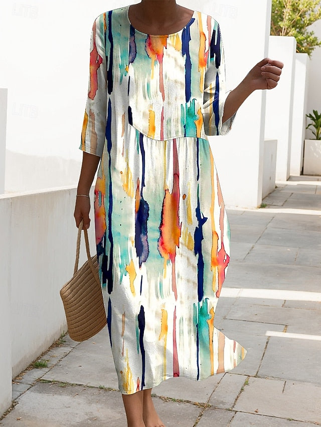 Women's Maxi Dress Kaftan 3/4 Length Sleeve Crew Neck