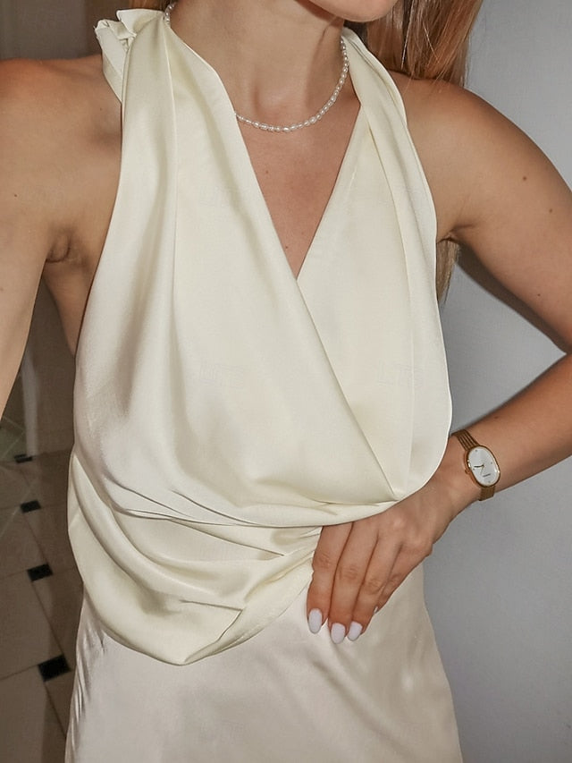 Women's Shirt Satin Shirt Blouse Sleeveless Shirt Backless