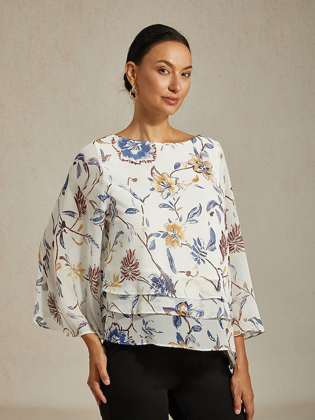 Women's Blouse Floral Print Layered Bell Sleeves Loose Fit