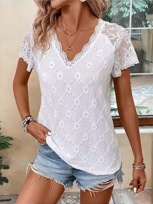Women's Pointelle Shirt Eyelet Top Lace Splicing Top Lace