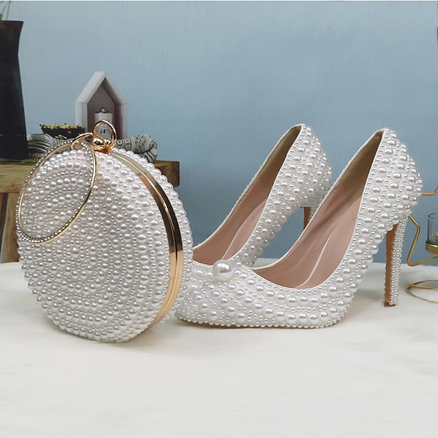 Pearl-Embellished Stiletto Purse Heels White and Round Set Pearl