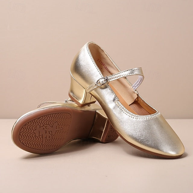 Women's Heel Low Dance with Buckle Gold Shoes Mary Jane