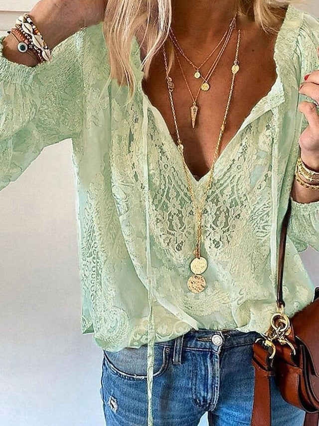 Women's Boho Lace Blouse V Neck Long Sleeve Casual