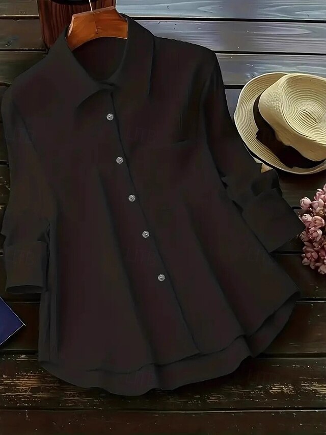 Women's Shirt Blouse Pocket Buttons Asymmetric Hem Plain