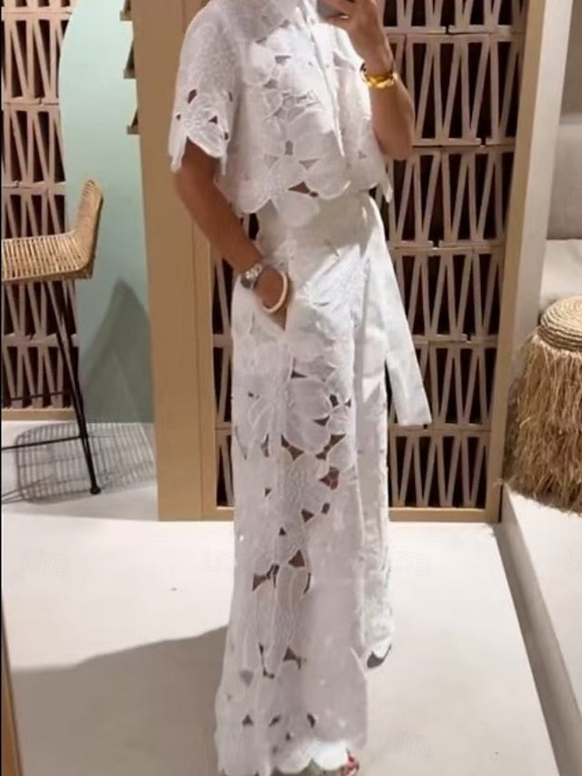 Women's Lace Shirt Wide Leg Pants Short Sleeve Shirt Collar