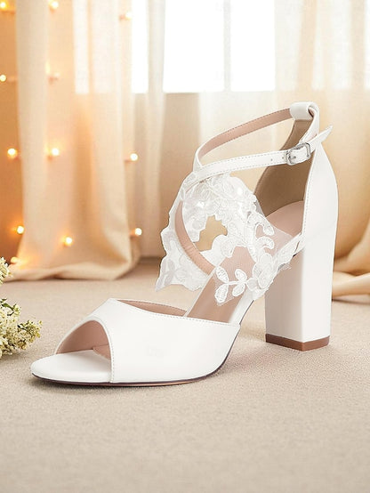 White Women's Lace Strap Block with - Ankle Heel Sandals