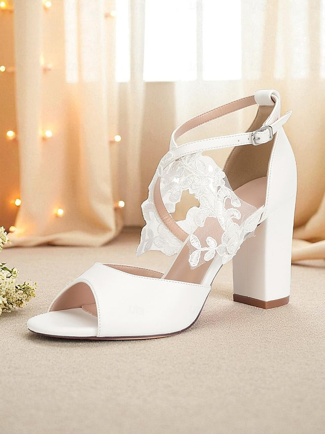 Block Ankle Lace - Strap Heel with White Sandals Women's