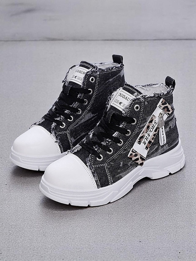 Women's Denim High Top Platform Sneakers with Leopard
