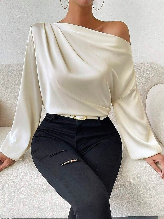 Women's Elegant Dressy Satin Top Blouse Ruched Patchwork