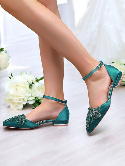 Style Flats Green Vintage Pointed-Toe Gemstone Embellished –