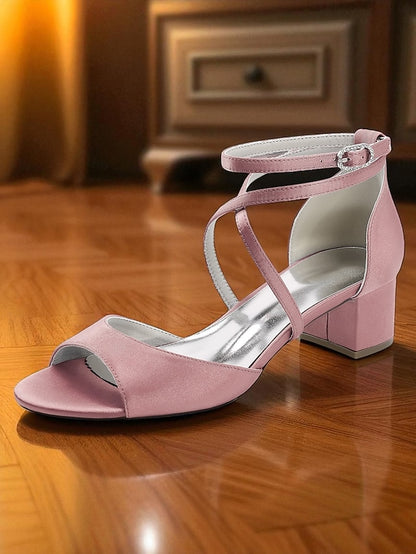 Strap Elegant Block - Satin Sandals with Ankle Women's Heel