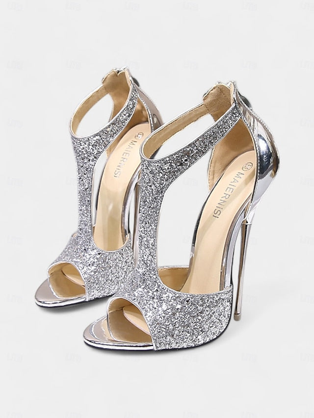 Toe Design with Heels T-Strap Stiletto and Glitter for Open Gold