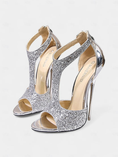 Toe Design with Heels T-Strap Stiletto and Glitter for Open Gold
