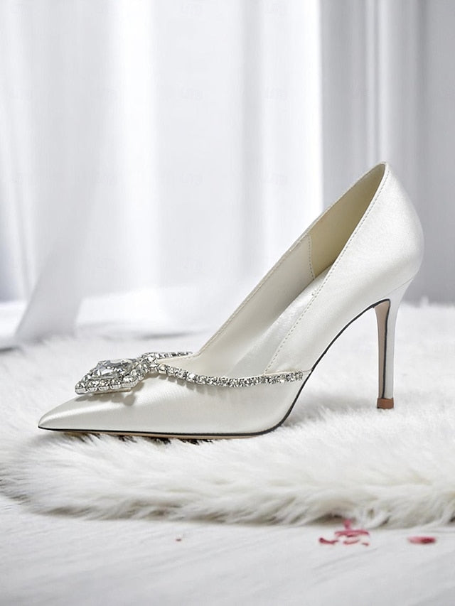 White Women's Heels Toe with Wedding Crystal Pointed Satin