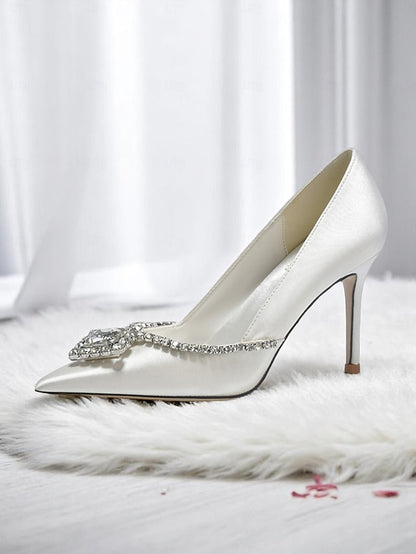 White Women's Heels Toe with Wedding Crystal Pointed Satin