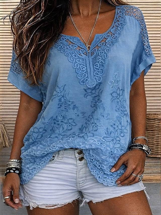 Women's Blouse Lace Solid Color Stylish Casual Short Sleeve