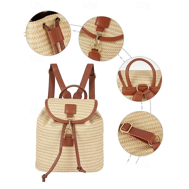 Straw Rattan Women with Bag Woven – Boho for Backpack Travel