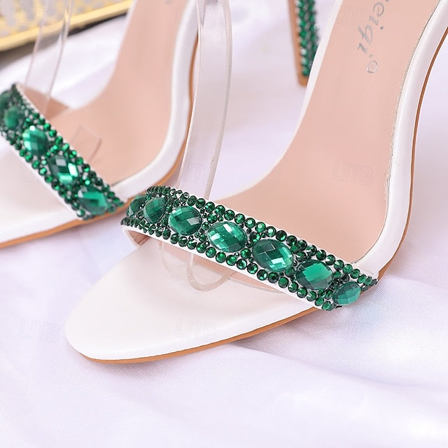 Ankle Heels Stiletto Matching Women's with Rhinestone Green