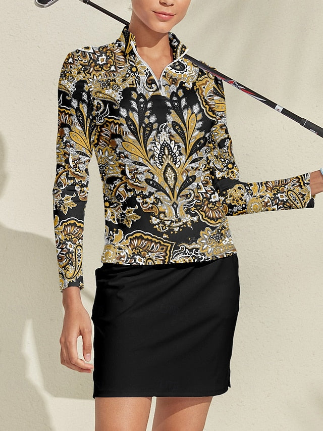 Women's Golf Polo Shirt Yellow Long Sleeve Top Ladies Golf