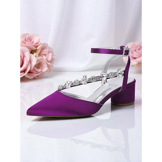 Block Pumps Heel Purple with Satin Rhinestone Women's