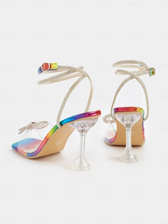 Rainbow Colorful Detail Clear Heels Heel - Bow High with Crystal