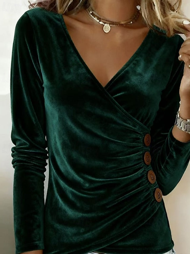 Women's Velvet Blouse Ruched Buttons Plain Active Stylish