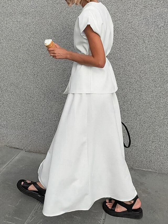 Women's Two Piece Sets Skirt Sets Short Sleeve V Neck Plain