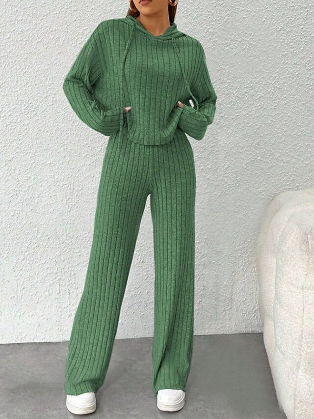 Women's Pants Sets Bolero Top Long Sleeve Hooded Solid
