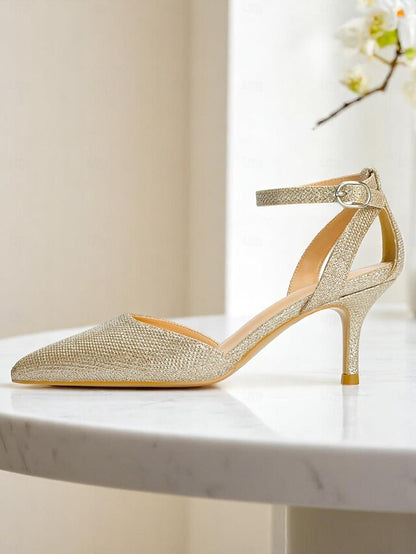Gold Women's Ankle Glitter Strap Heels