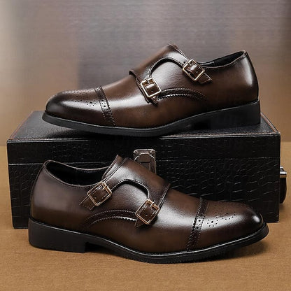 Double Strap with Brown Shoes Men's Leather Monk Faux