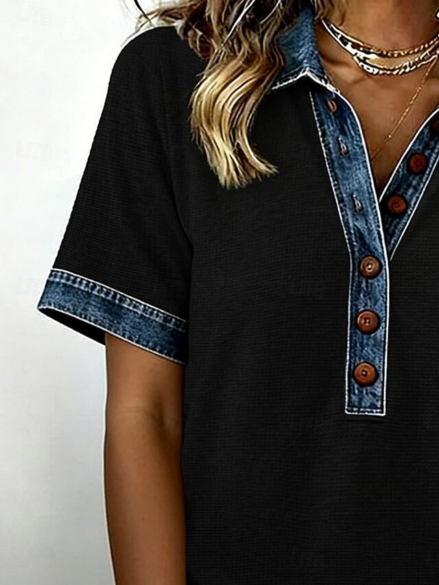 Women's Shirt Blouse Patchwork Buttons Color Block Stylish
