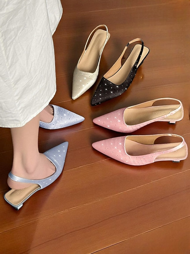Heels Studs with Kitten Rhinestone Slingback Satin Women's