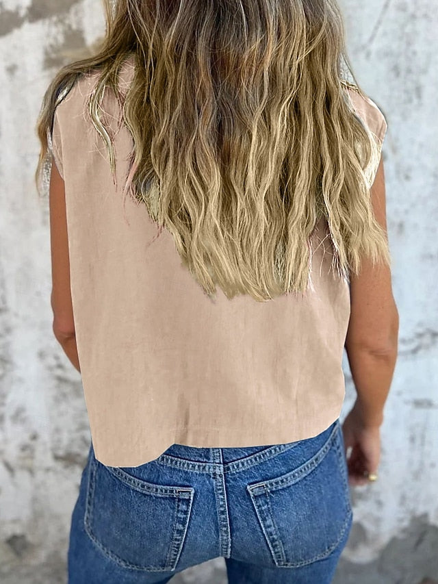 Women's Tank Top Sleeveless Shirt Pocket Buttons Plain