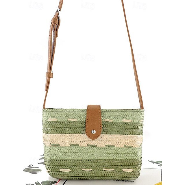 Striped with Bag Colorblock Women's Straw Woven Brown Tote