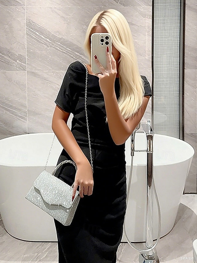 – with Handle Women's Glitter Silver Rhinestone Handbag