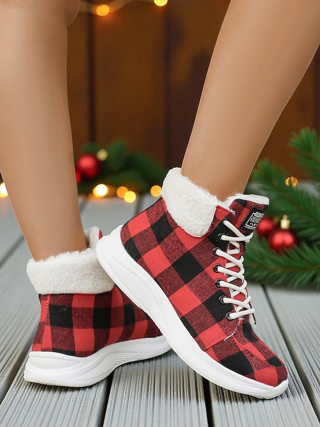 Women's Red Plaid Christmas Lace-up Booties with Faux Fur