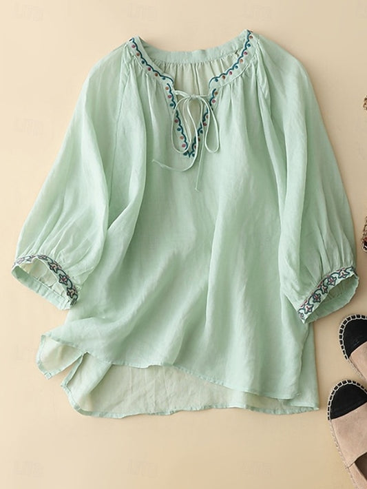 Women's Shirt Cotton Linen Shirts Blouse Embroidered Plain