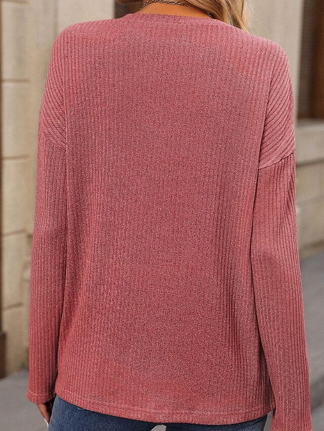 Women's T Shirt Buttons Plain Casual Long Sleeve Crew Neck