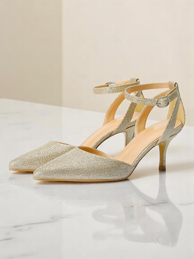 Gold Women's Ankle Glitter Strap Heels