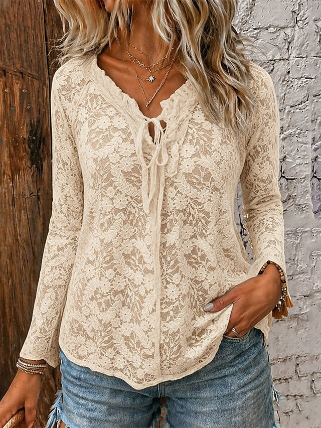 Women's Shirt Boho Shirt Blouse Lace Patchwork Solid Color