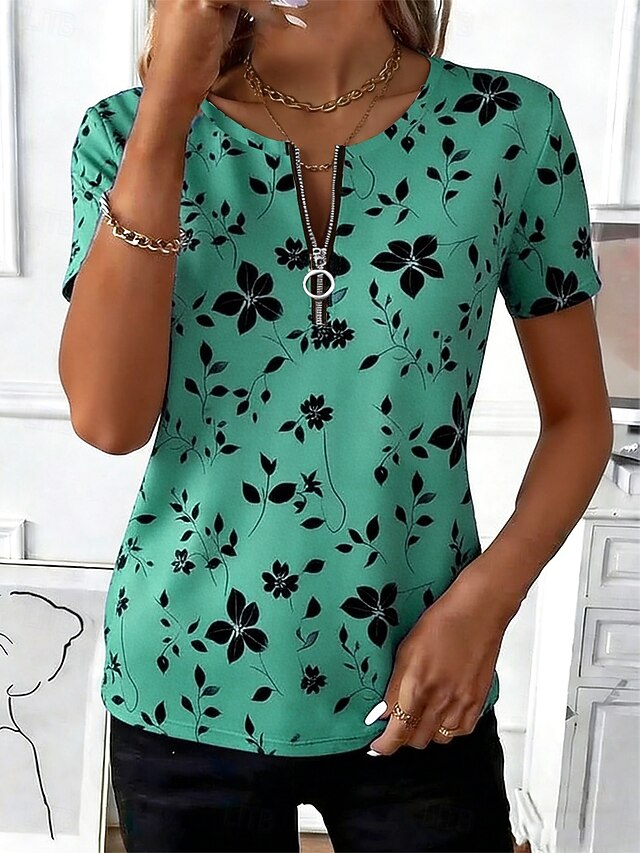 Women's T Shirt Zipper Floral Graphic Plants Stylish