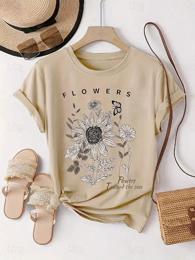 Women's T Shirt Print Sunflower Daisy Letter Fashion Basic