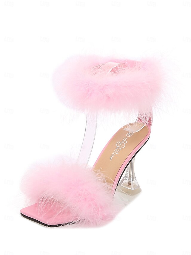 Feather-Embellished Heel Clear with Sandals Turquoise High
