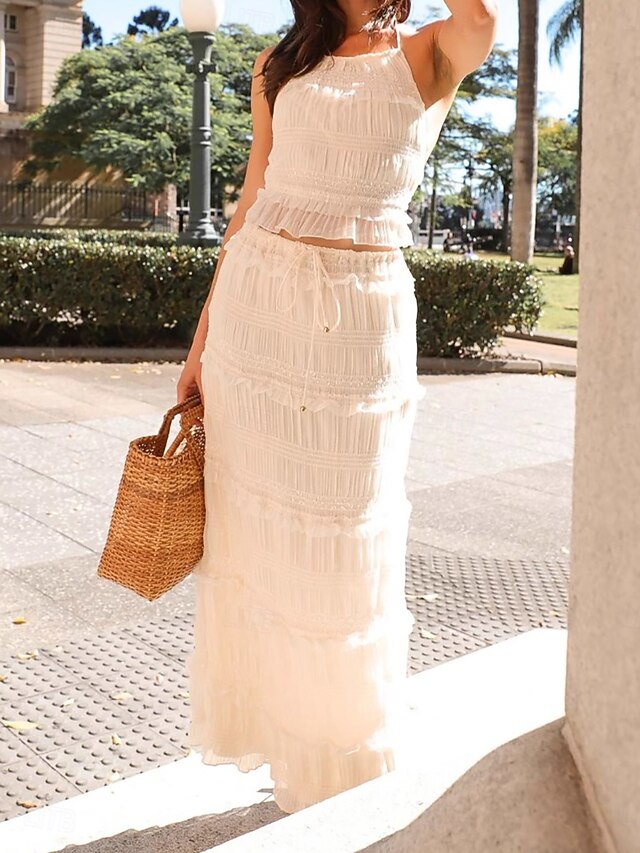 Women's Skirt Sets Sleeveless Halter Neck Plain Ruched Mesh