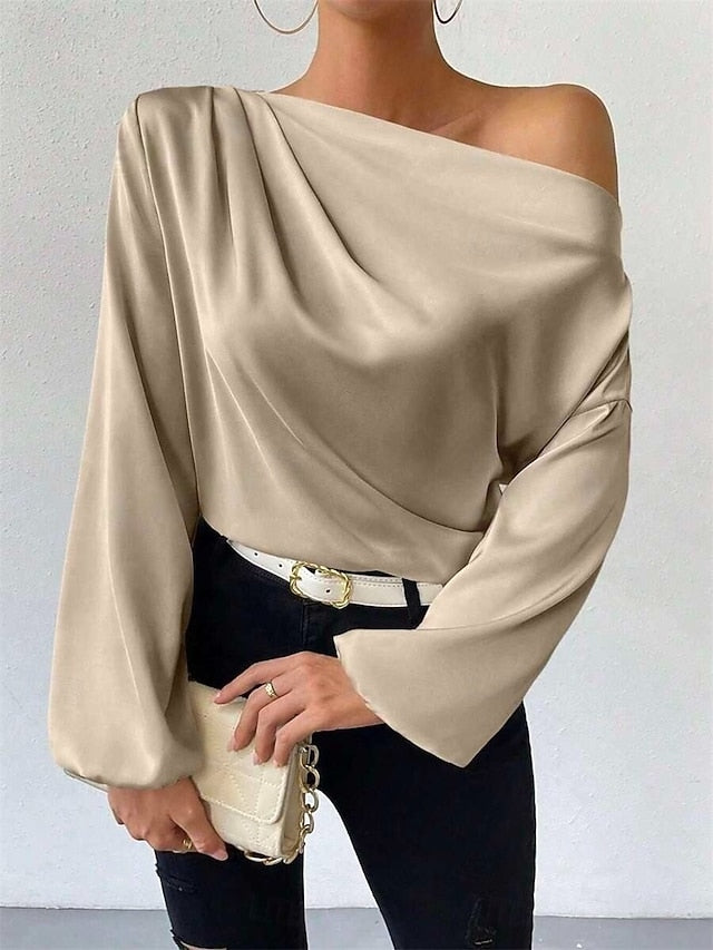 Women's Elegant Dressy Satin Top Blouse Ruched Patchwork